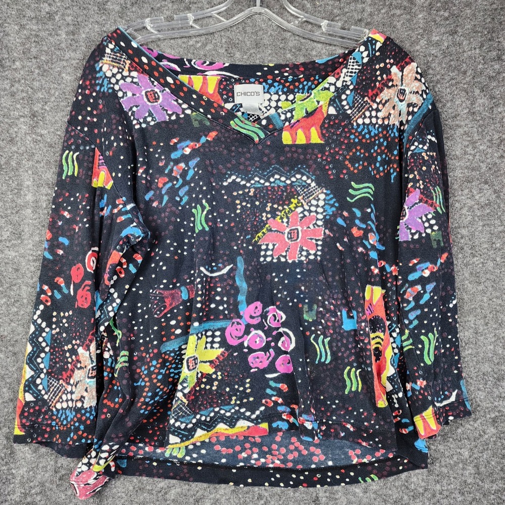 Chicos Top Womens 3 Black Multi Abstract Art to Wear 3/4โ Sleeve Cotton V-Neck